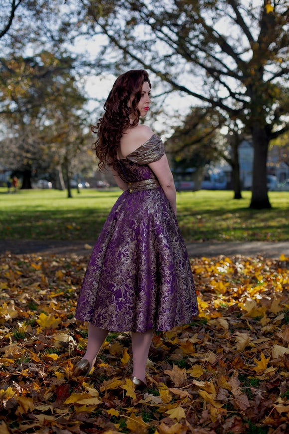 **Couture Isabel Amethyst Metallic Brocade Swing Gown Dress Portsmouth Costumier 
