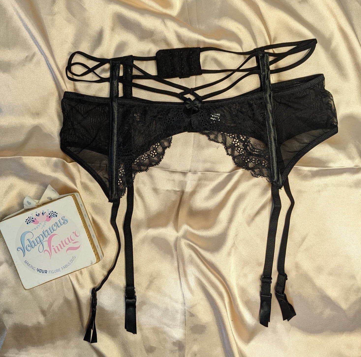 Victoria's Secret longline 38D BRA SET+garter belt+thong black WHITE lace  velvet